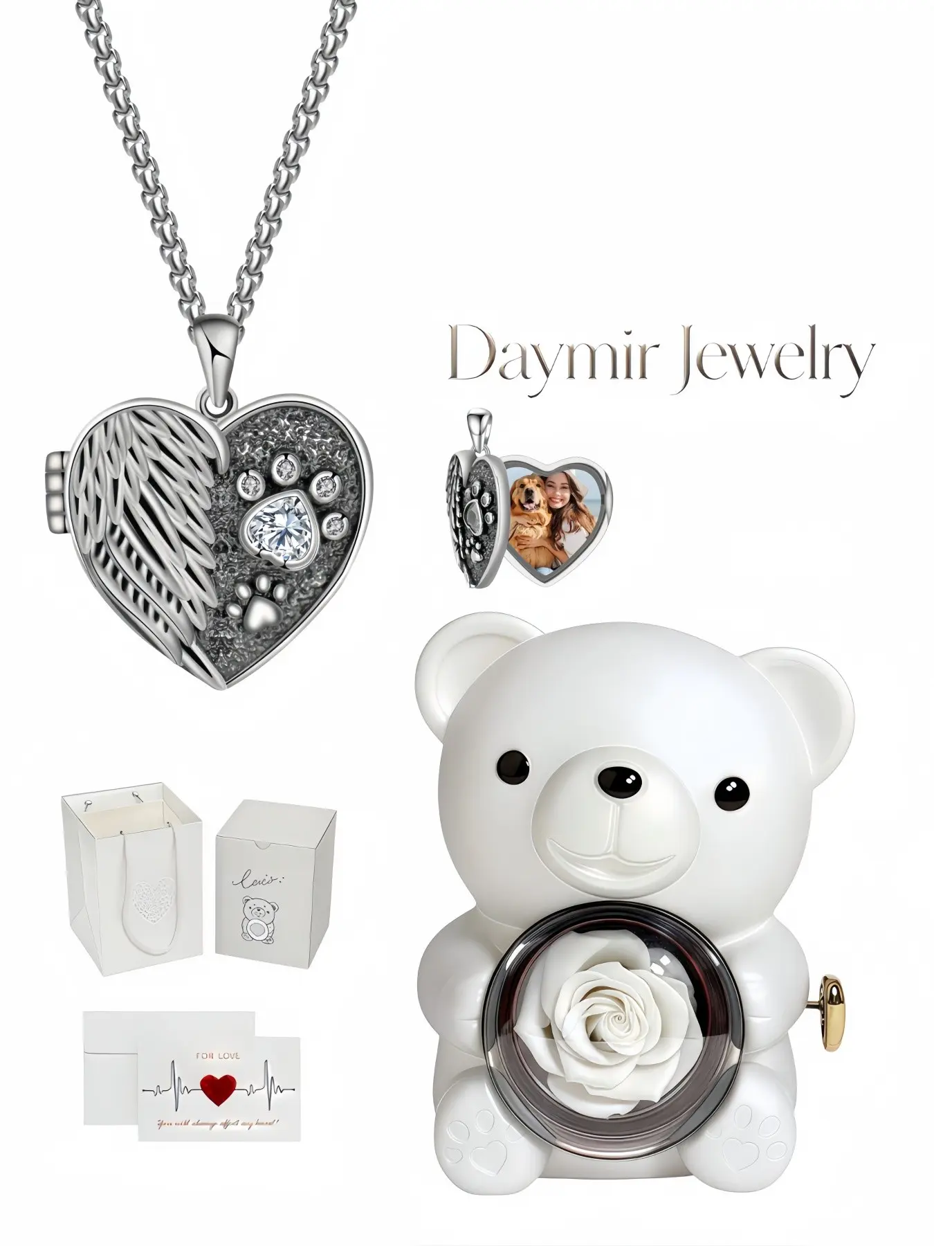 Hand‑made DIY angel‑wing and paw‑print heart locket necklace acts as your cherished pet memorial pendant. It arrives with a rotating rose‑bear jewelry box, a magical surprise gift for dates, birthdays, back‑to‑school days, anniversaries and Christmas.