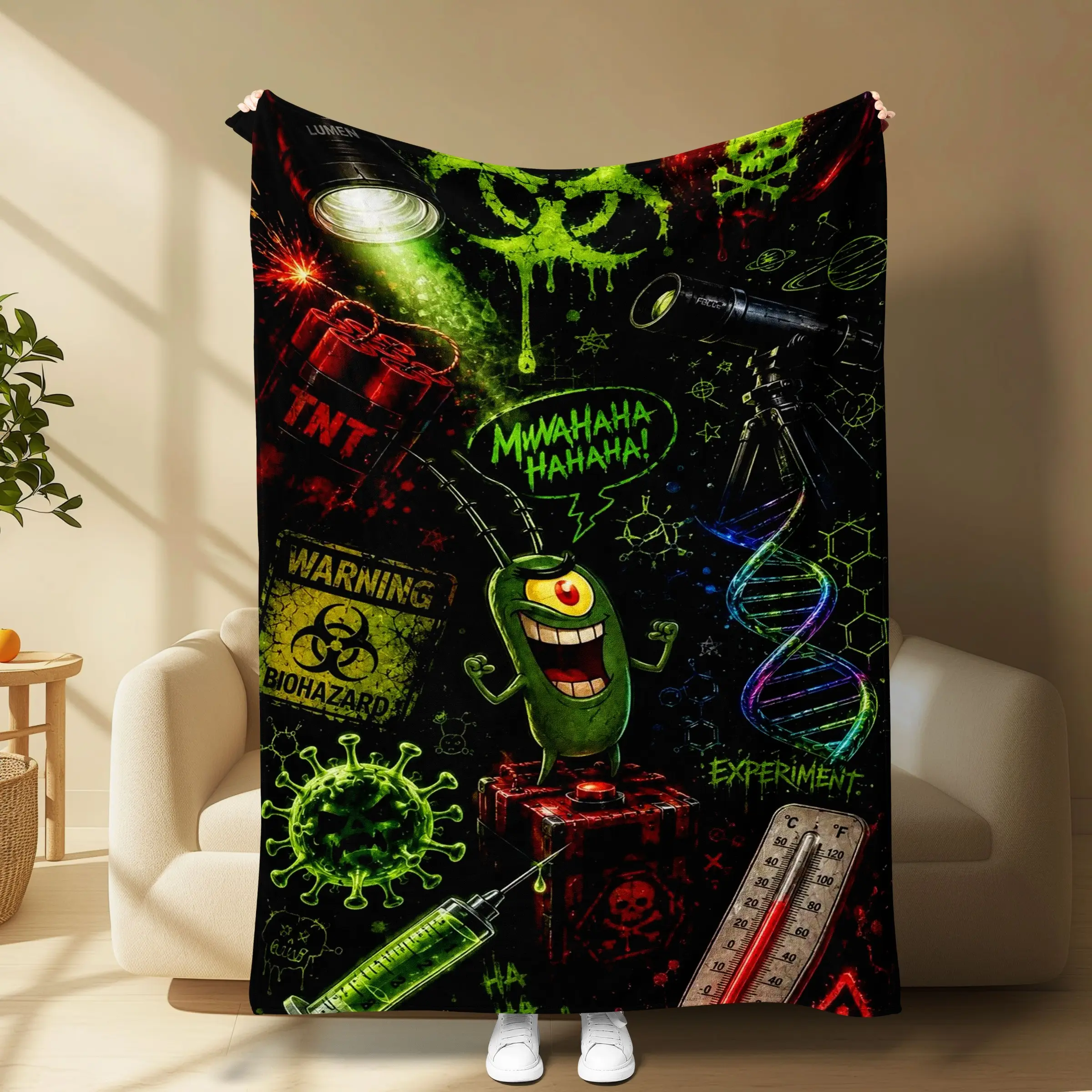Plankton Mad Scientist Biohazard Graffiti Flannel Blanket, SpongeBob Villain Toxic Lab Experiment Horror Throw Blanket, Dark Neon Gaming Room Decor Cozy Blanket