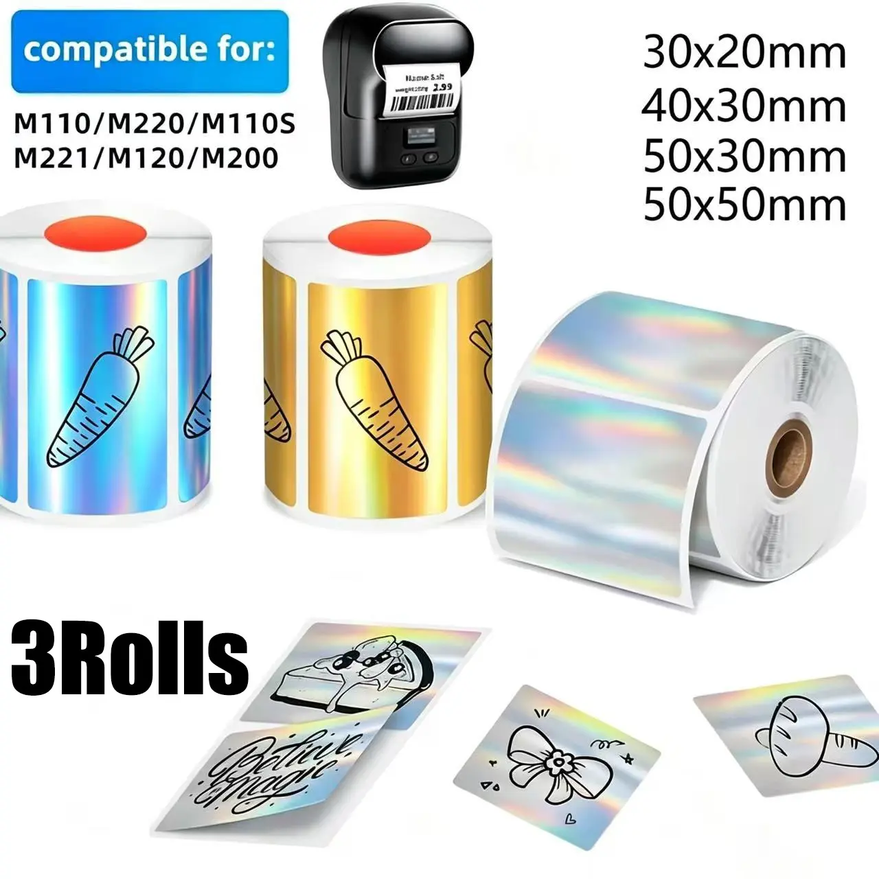 3 Rolls Thermal Printer Laser Labels, /silver Color/holographic Stickers, 40x30mm/50x30mm/50mmx50mm/30x20mm, Compatible with Sk20