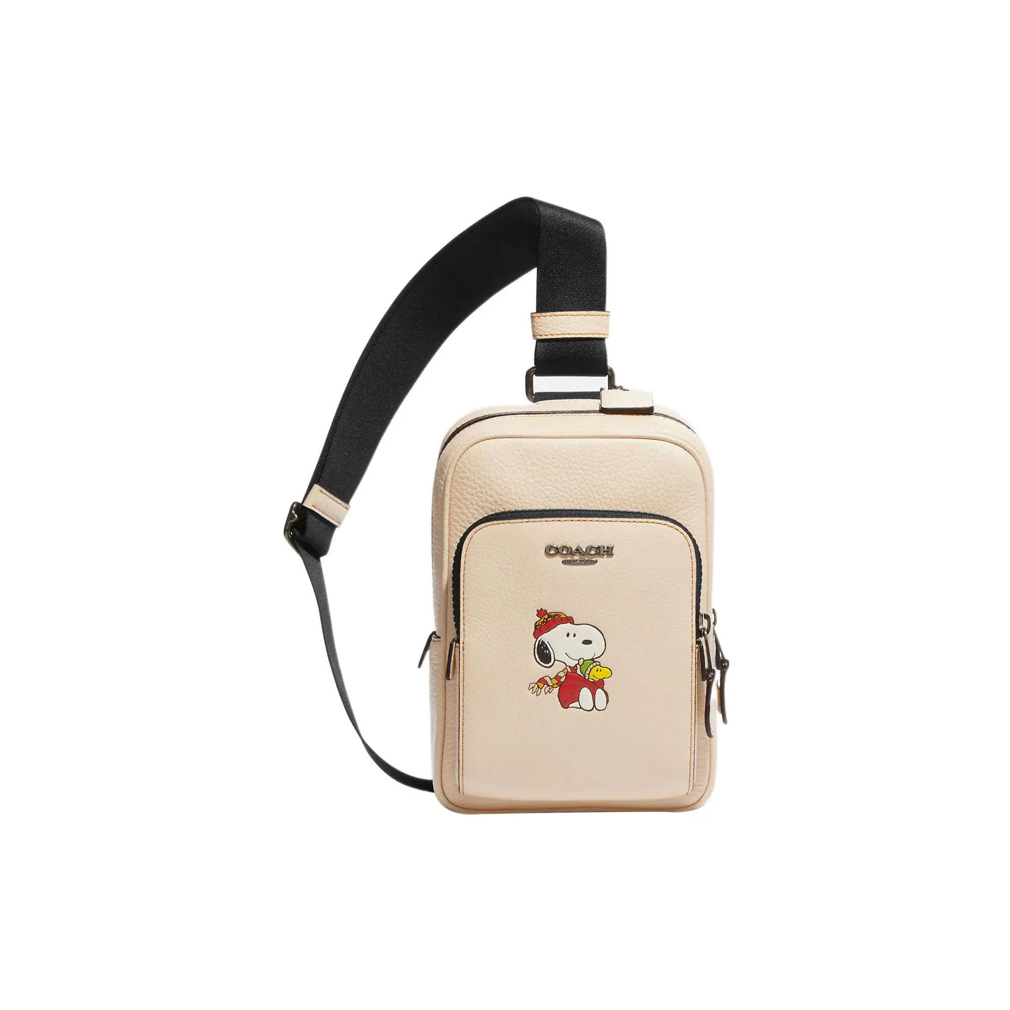 COACH x Peanuts Snoopy Track 13 Zip-Top Crossbody Bag for Men, Pebbled Leather, Mini Style, Ivory White