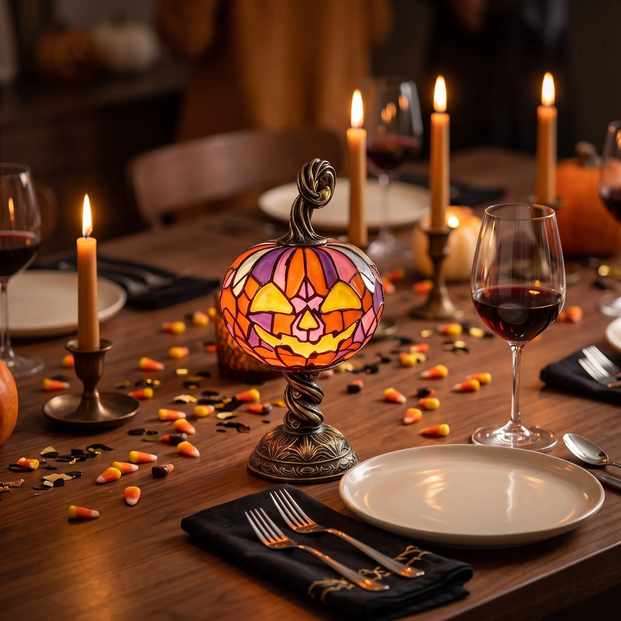 Vintage Halloween Pumpkin Lantern, USB Warm Light Night Lamp, Swirl Stand, Eerie Centerpiece for Dining Room, Living Room, Party Tables