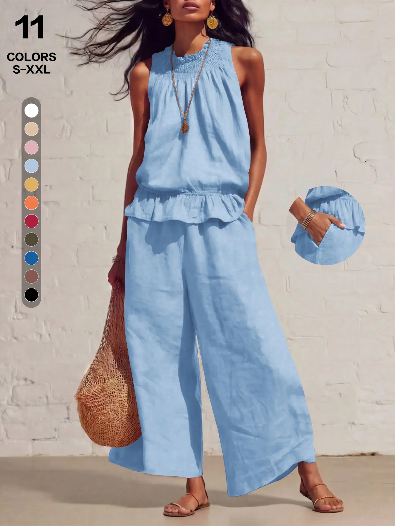 Women Linen Two Piece Set, Sleeveless, Loose, Casual Vacation, Comfortable and Stylish, Perfect for Relaxing Days, Ideal for Travel and Leisure