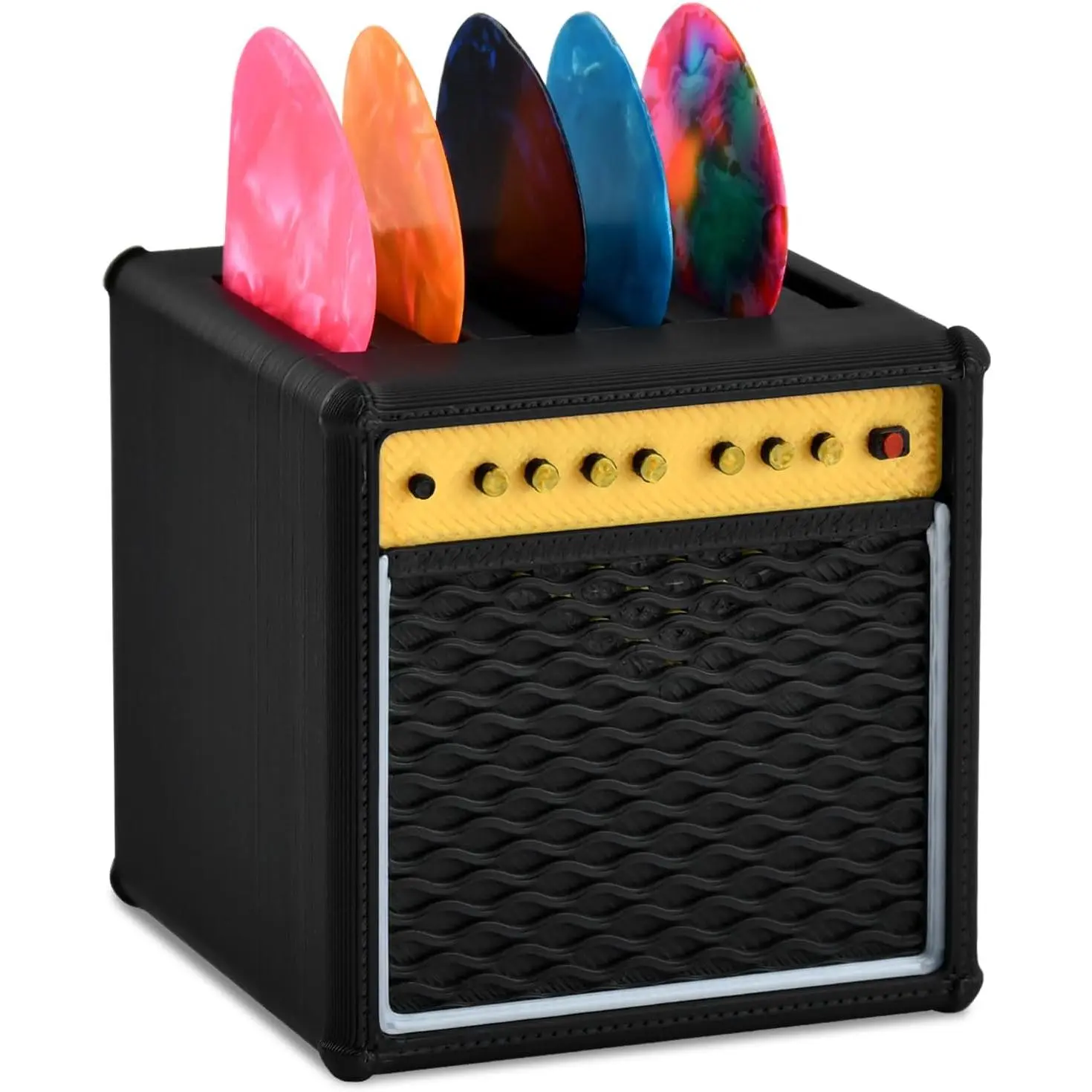 Guitar Picks Holder Box Guitar Pick Display Holder Amp Speaker Styled Pick Holders with 5 Celluloid Guitars Picks Guitars Pic k Storage Box(COLOR:black)