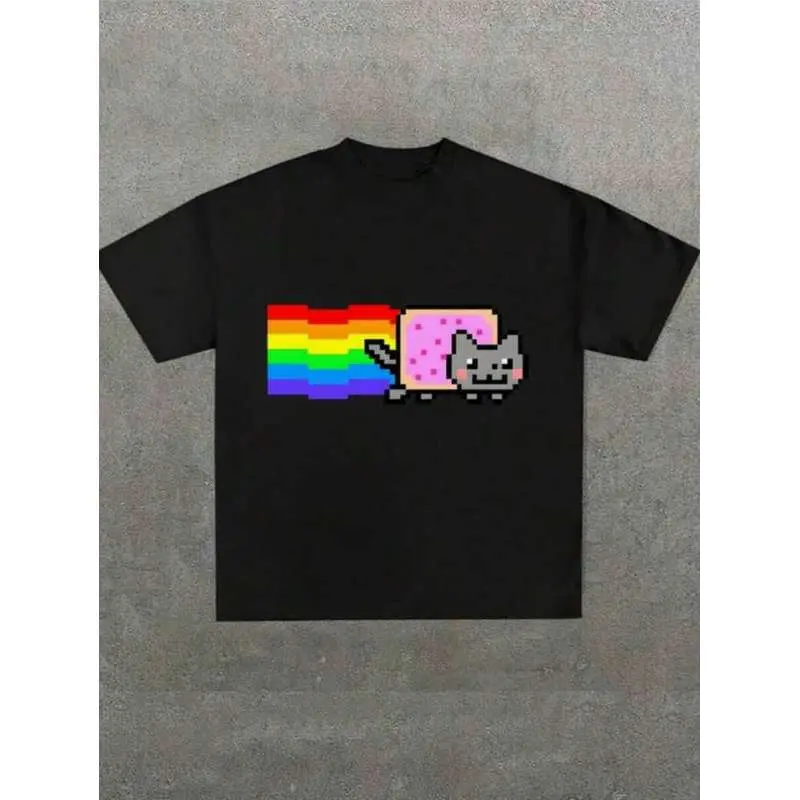 Pixel-Art Rainbow Cat Graphic Tee,Casual Digital Print Pure Heavy Cotton T Shirt,220g Cotton T-Shirt,Gift,Summer,Unisex