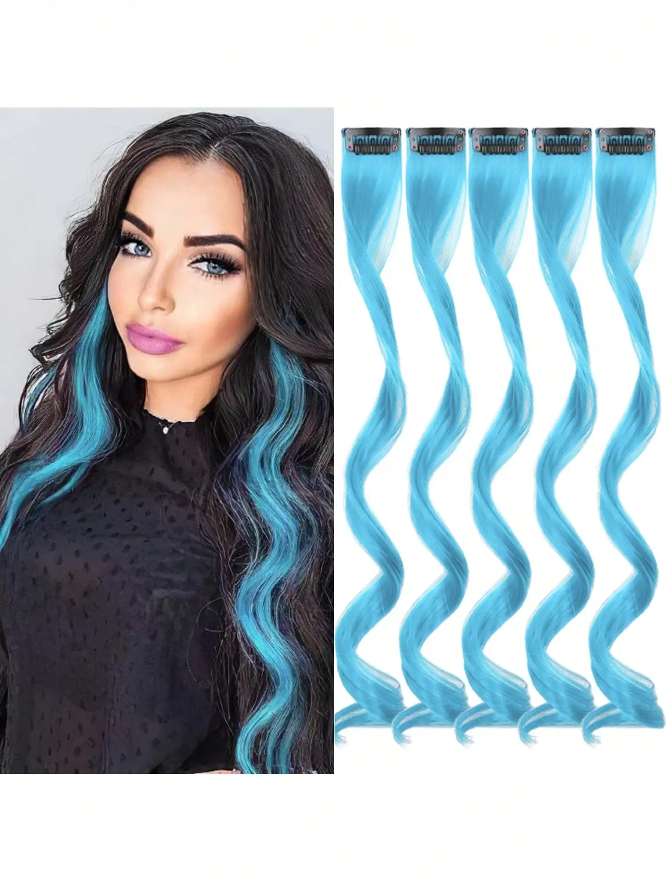 5 PCS Colored Clip in Hair Extensions,16 Inch Long Curly Wavy Hairpieces Synthetic Clip in Hair, For Women Used Daily Party Cosplay Halloween And Christmas New Year Gifts, Body Wave Extensions