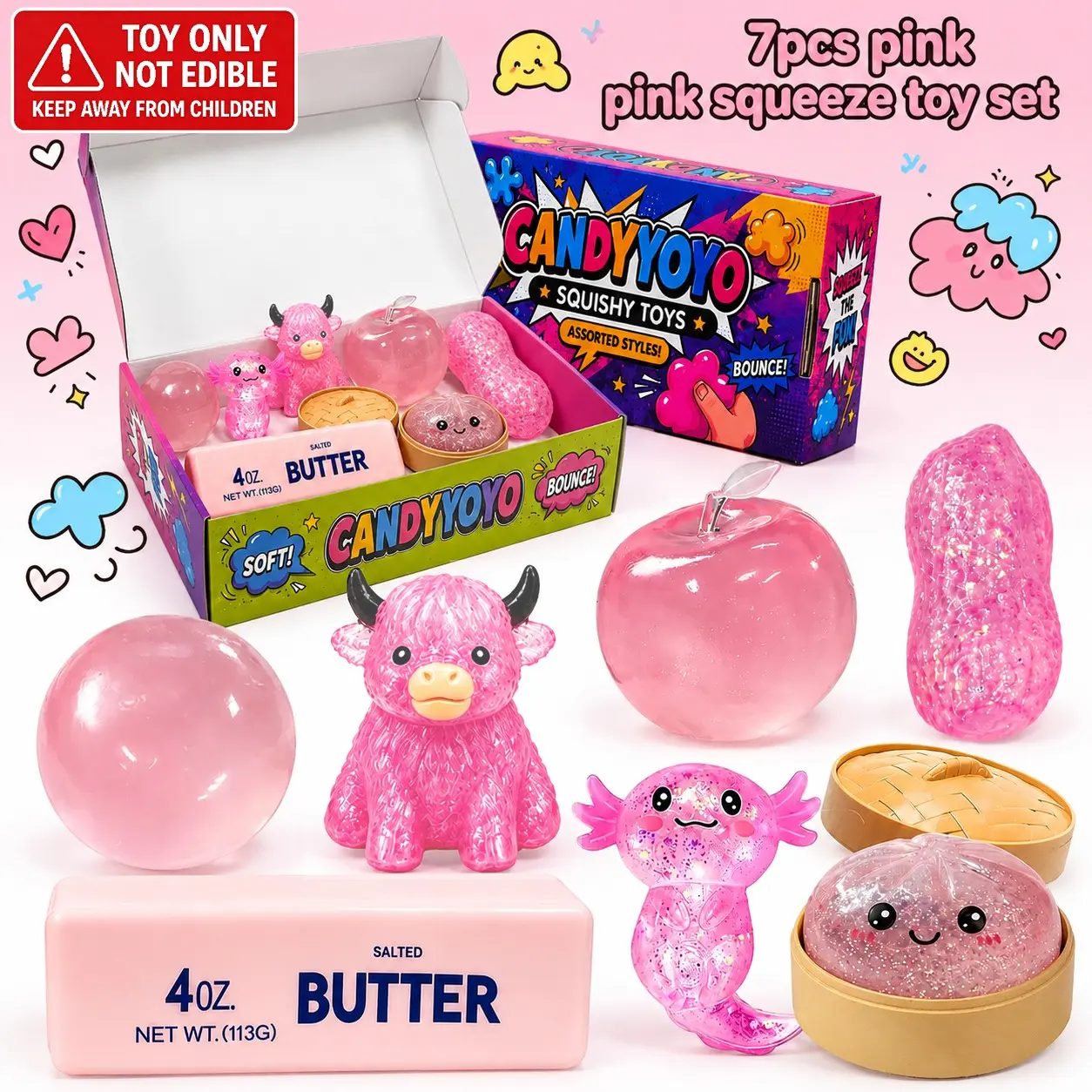 7 Pack Pink Series Glitter Squeeze Stress Relief Toys, Soft Portable Sensory Fidget Balls, Apple Round Ball Flash Cow Butter Stick Bun Salamander Peanuts  Squishy Toys, Squishy Box Set, Ideal Birthday & Party Gifts for Kids Adults Anxiety Relief