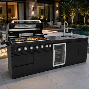 Traditional 101-Inch Black Outdoor Kitchen Island, 6-Burner Stainless Steel Gas Grill with Refrigerator, Sink, Storage, Rotisserie Kit & Granite Countertops