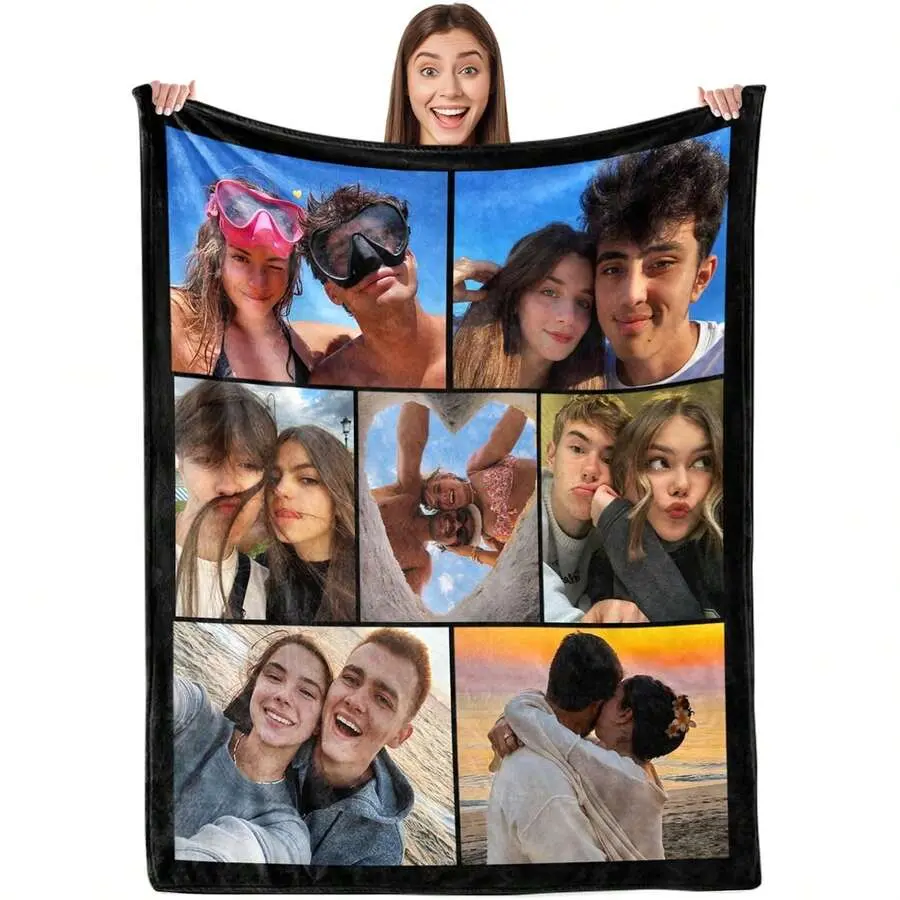 Customized 7-Photo Couple Flannel Throw Blanket - Irregular Black Frame, No-Words Minimalist, Durable Soft Cozy Warm Cover, Valentine Commemorative Gift for Partners, Gifts for Girlfriend, Couch Decor