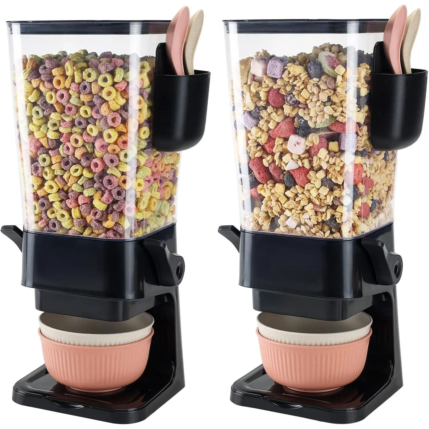 Countertop Dry Food Dispenser Set with Bowls, Solid Black - 2Pack Reusable Snack Container with Lids, 5.5L Kitchen Organization, Two Packs