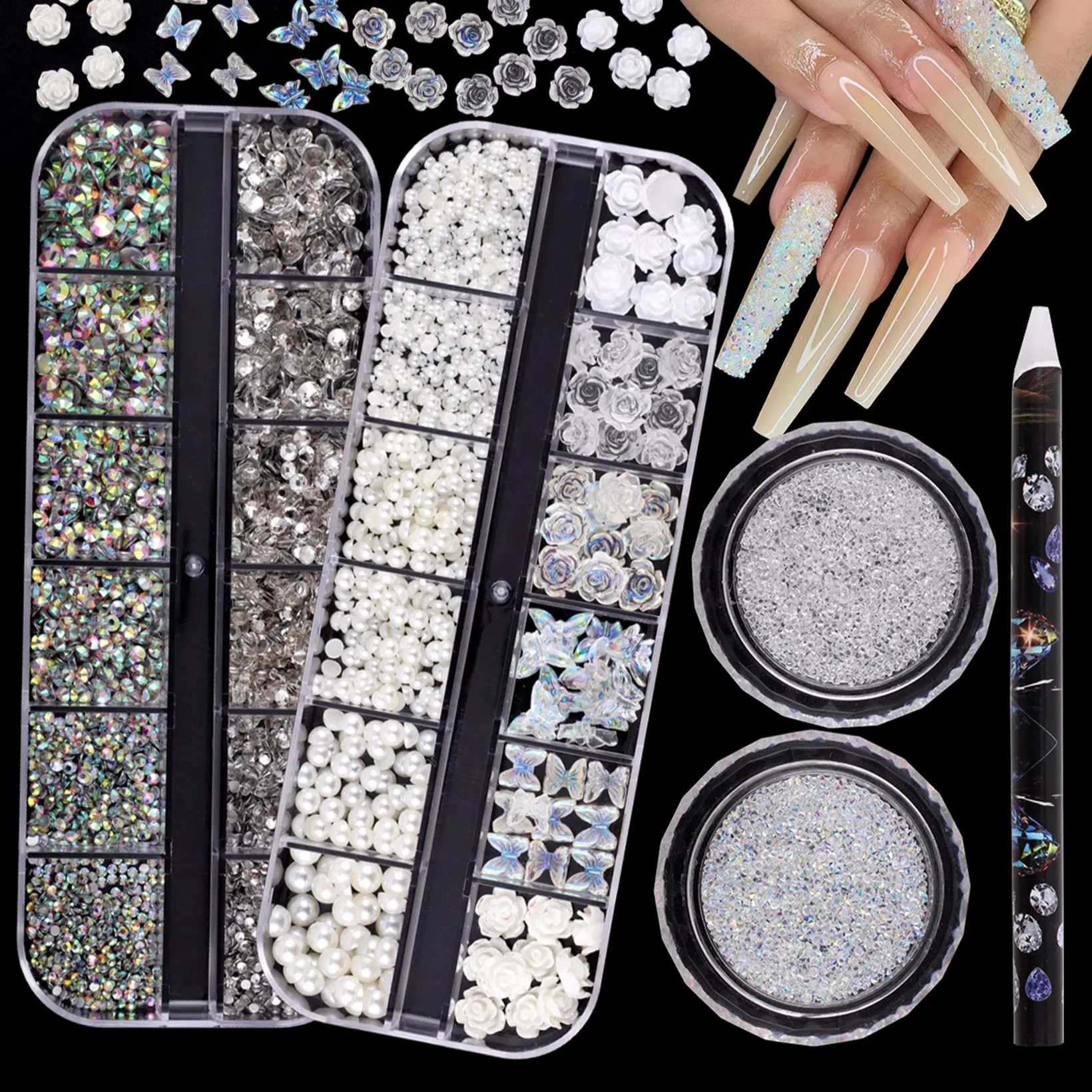 5-Piece French Nail Art 3D Decoration Set, Pearls, Ab Glass Rhinestones, Butterfly, Aurora Mini Drills, DIY Wedding Nails