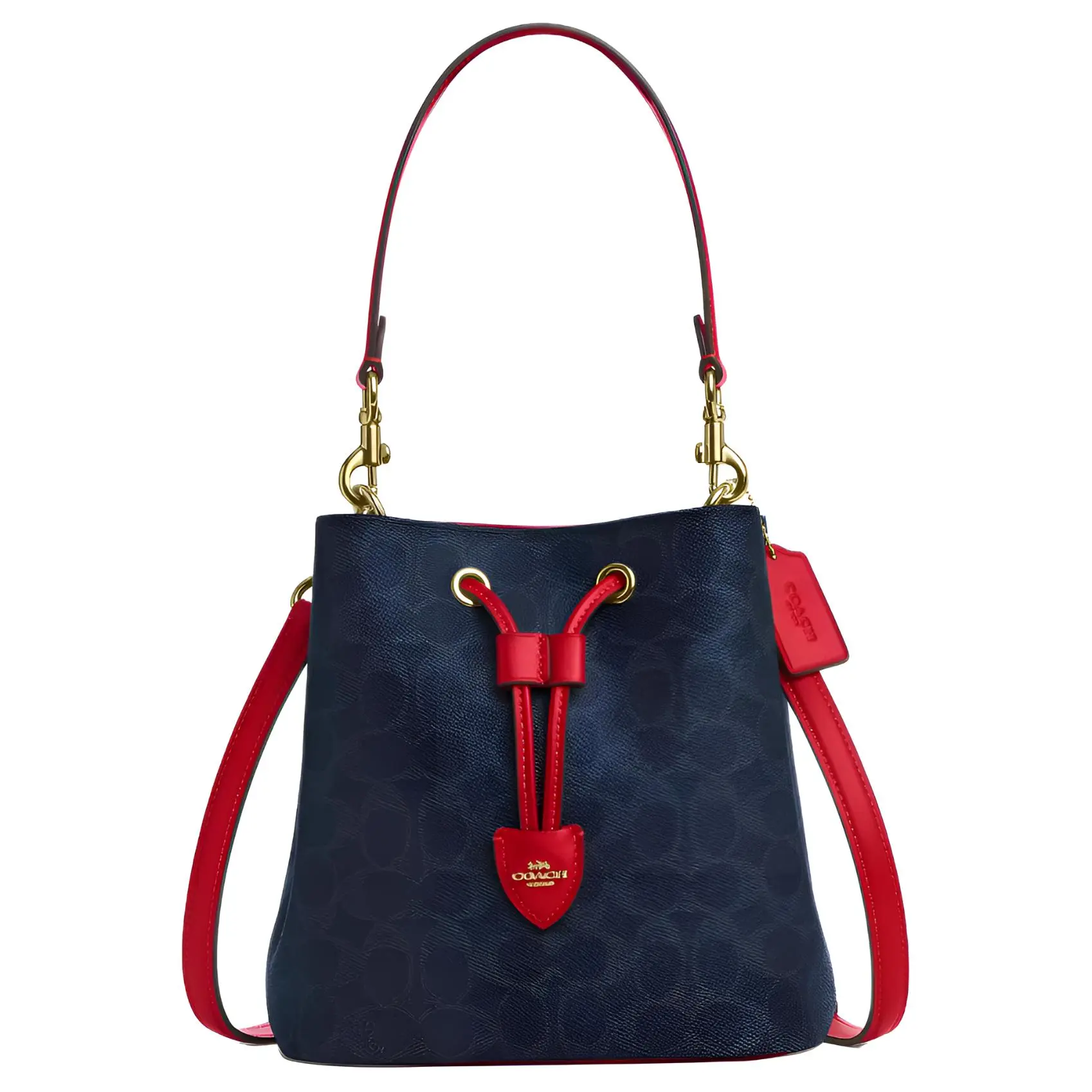 Coach Rowan Signature 22 Bucket Bag for Women – Coated Canvas, Classic Logo Design, Blue and Red