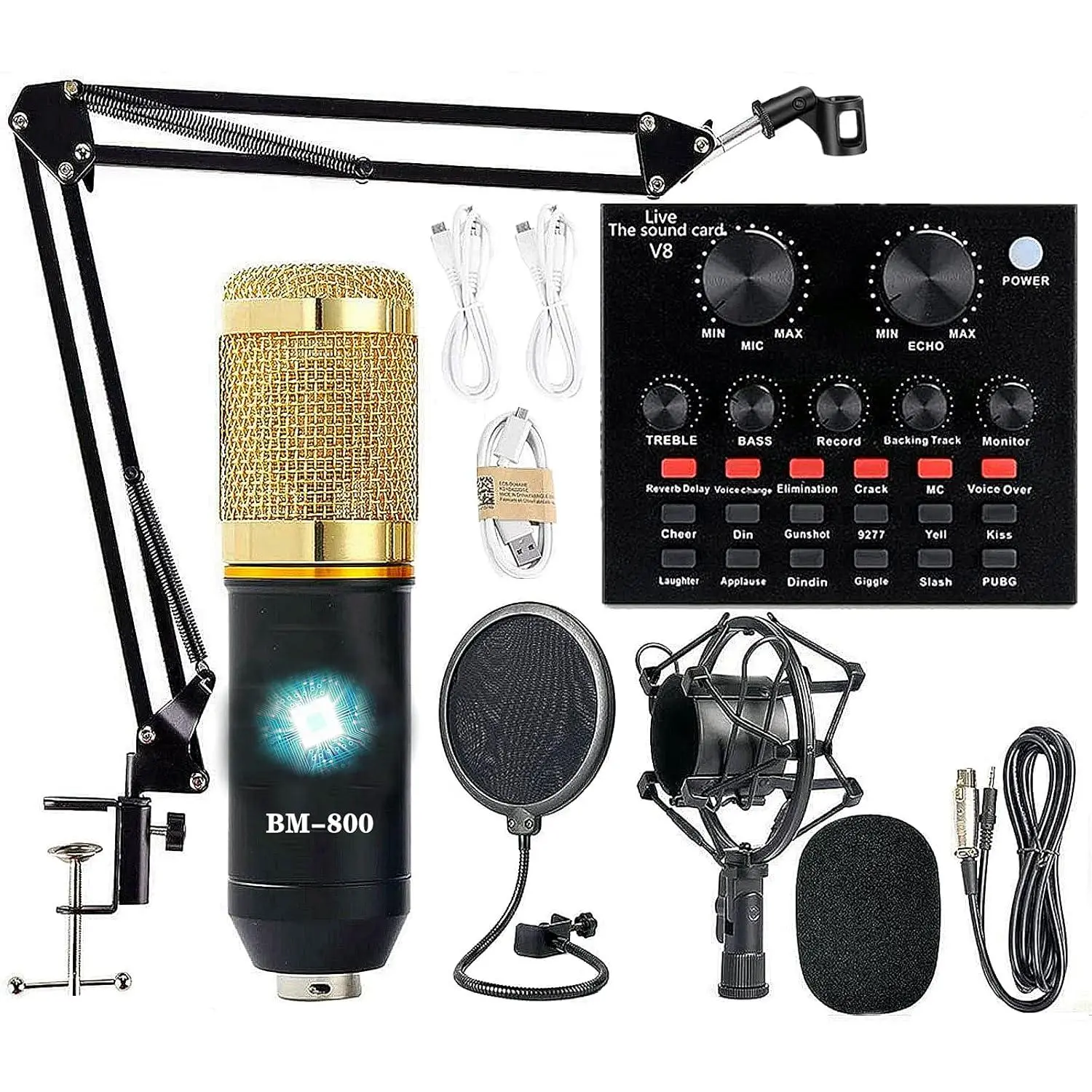 Podcast Equipment Bundle, BM-800 Recording Studio Package with Voice Changer, Live Sound Card - Audio Interface for Laptop Computer Vlog Living Broadcast Live Streaming YouTube (AM100-V8)