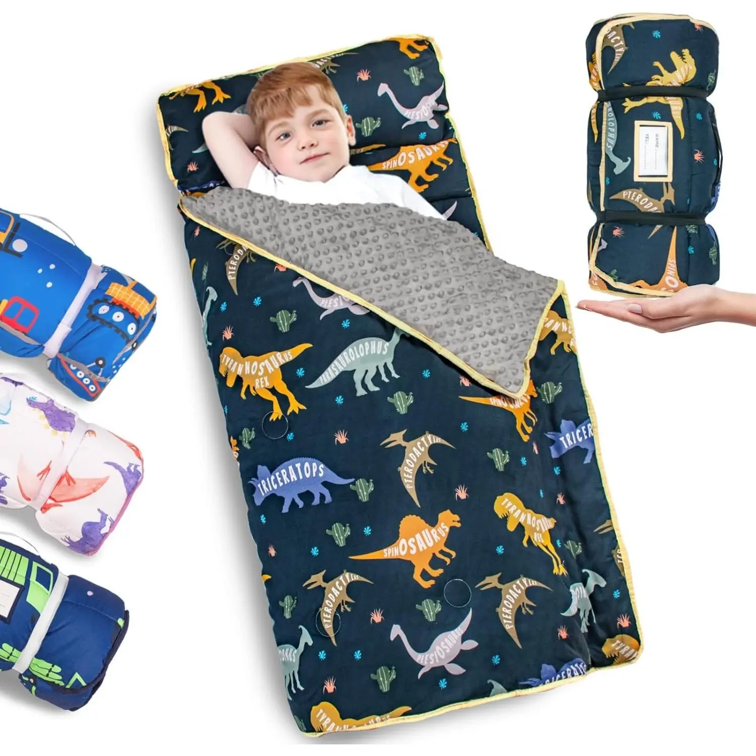 Thickened Toddler Nap Mat with Removable Pillow and Minky Blanket, Extra Large 55''x35'' Sleeping Bag, Washable, Roll up, Perfect for Daycare, Preschool, Kindergarten, Boys and Girls