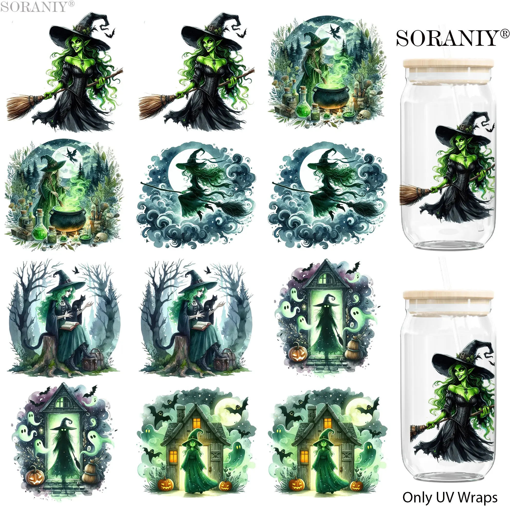 UV DTF Water Cup Transfer Stickers, 12 Witch Halloween Theme Waterproof Stickers, DIY Decor for Cups Bottles Furniture Frames Gifts