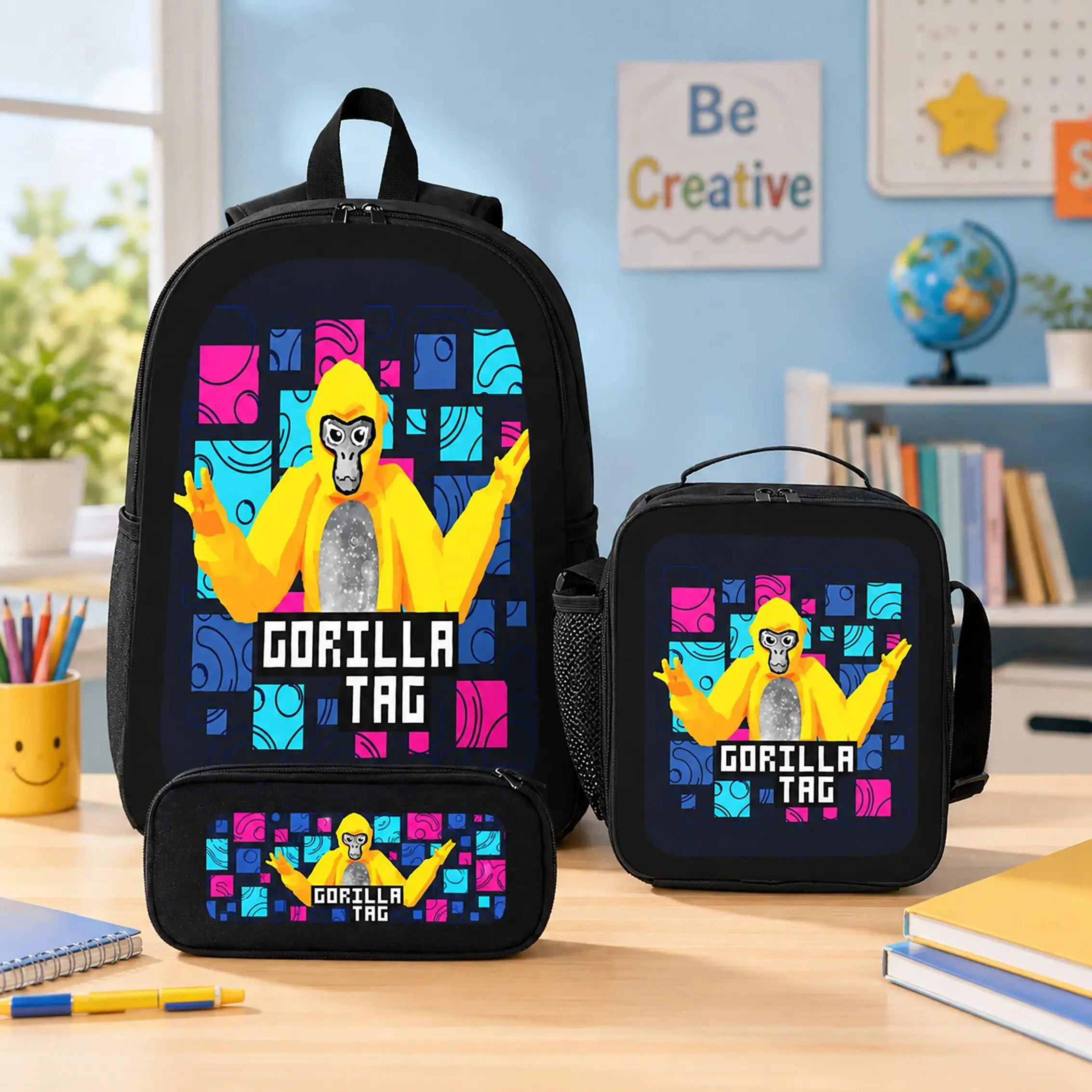 Gorilla Tag 3 Piece Backpack Set Polyester Backpack Lunch Bag Pencil Case Large Capacity Lightweight Breathable Cartoon Gaming Bookbag Back To School Travel Daily Use For Kids Boys Girls Teens Students