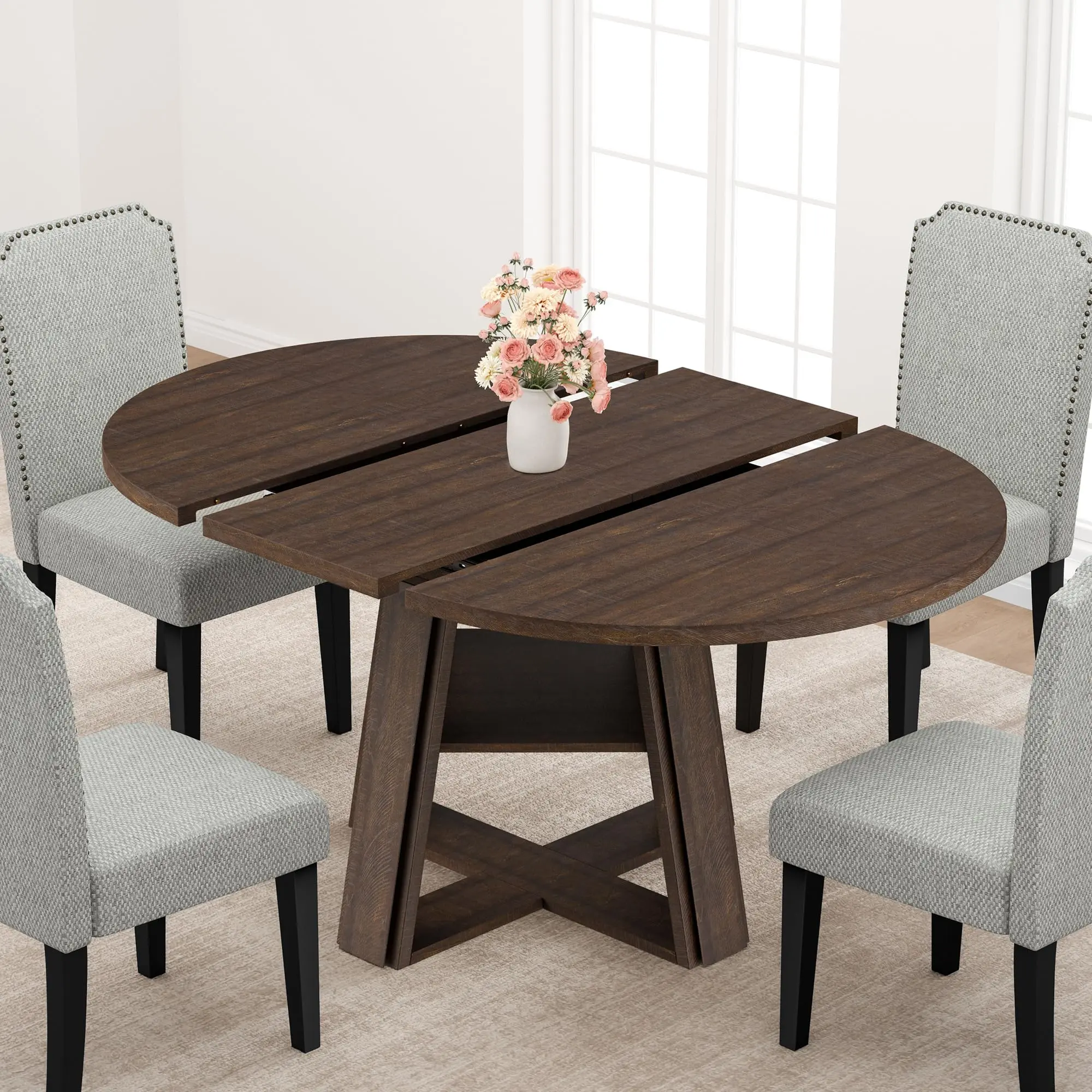 Extendable Dining Table for 4–8 – Space-Saving Oval/Round Table with Wooden Pedestal Base & Storage Shelf – Ideal for Apartment or Dining Room – Classic Style（Only Table)
