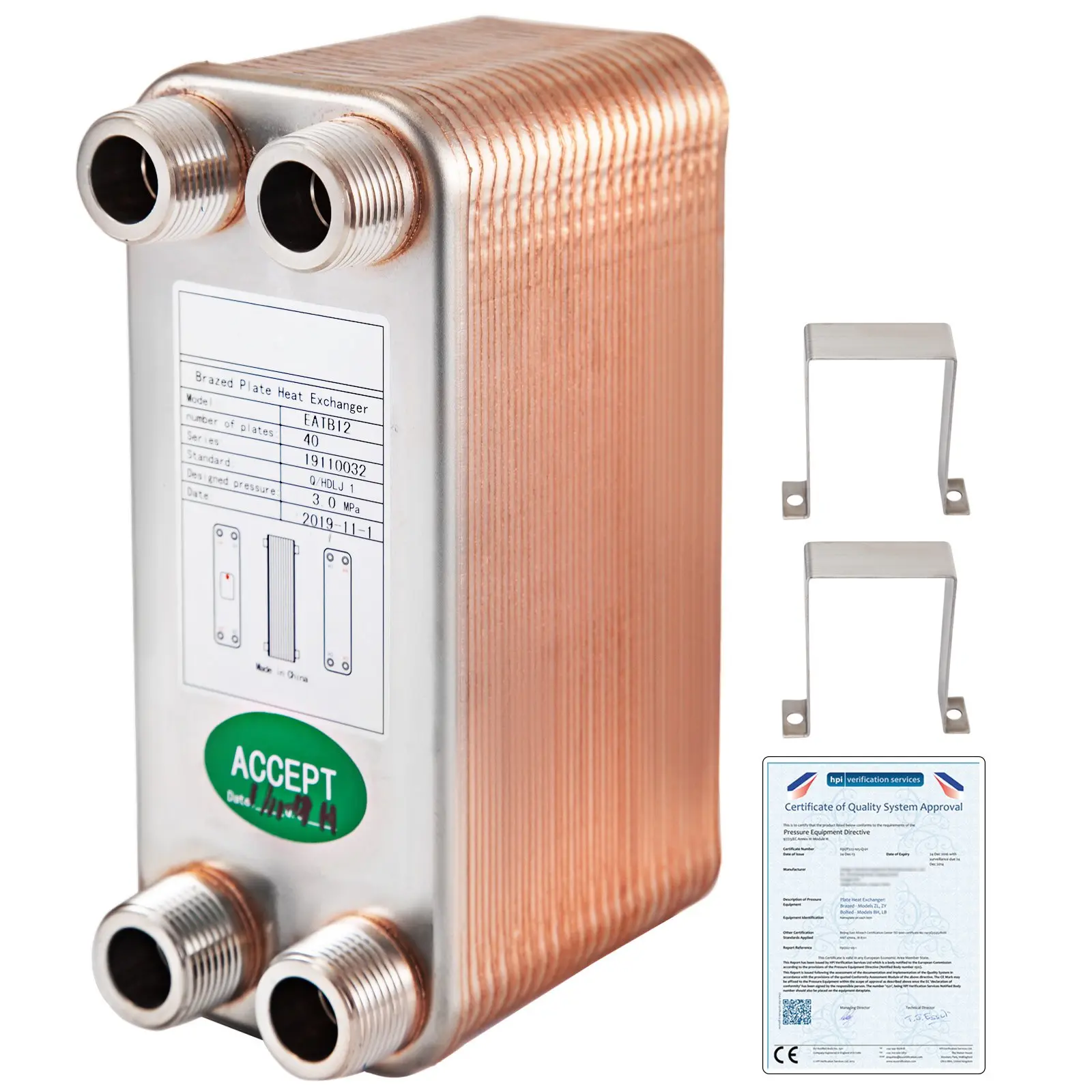 【Summerfinds】VEVOR Heat Exchanger 3\"x7.5\" 40 Plates Brazed Plate Heat Exchanger 316L 3/4\" MPT Heat Exchanger B3-12A Beer Wort Chiller for Hydronic Heating