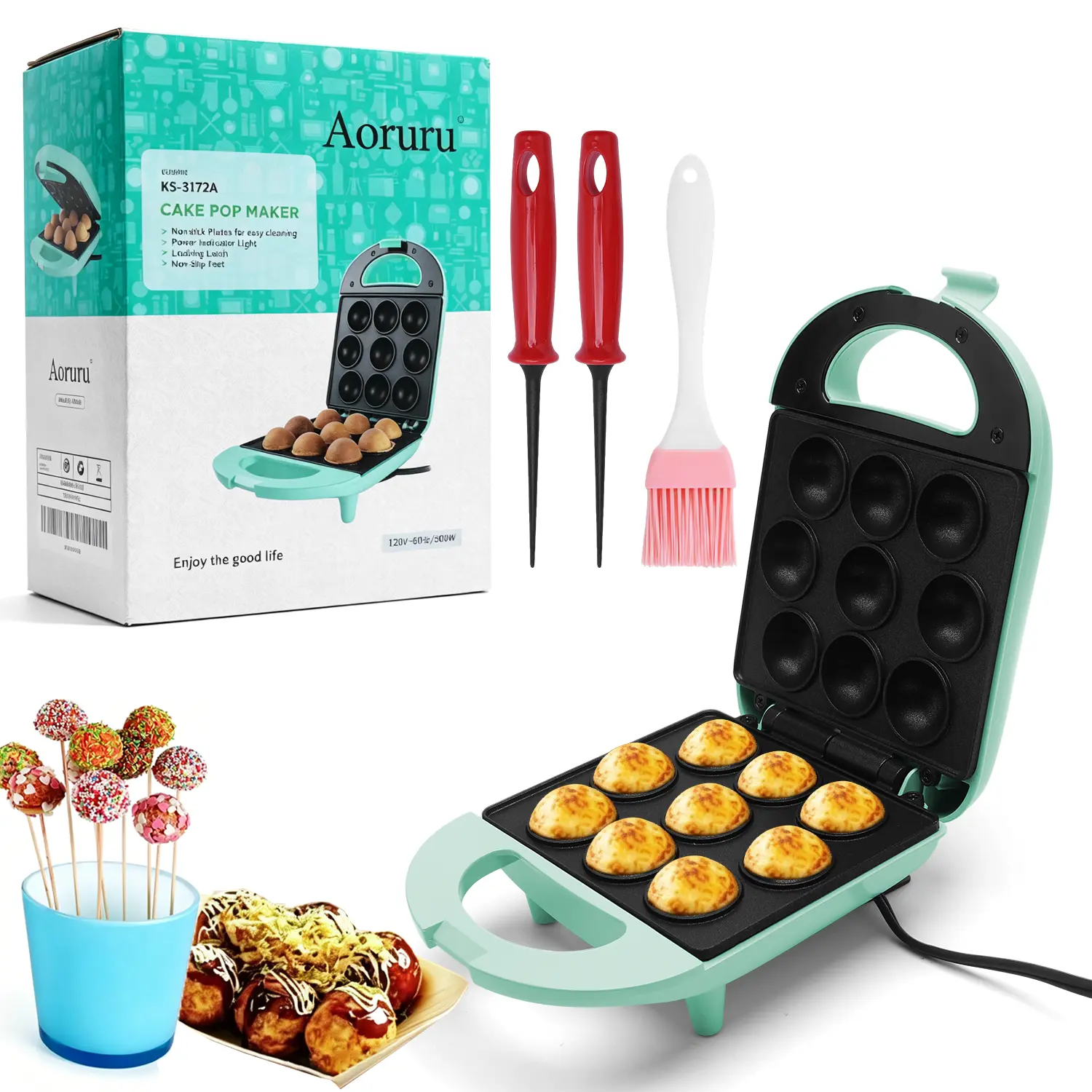 Aoruru 9-Hole Non-Stick Coating Mini Cake Pop Maker with 120V Plug, Preheat Light, 500W Power, 22x16cm Size, Included Baking Tools for Home Users – Ideal for Birthdays, Daily Dessert Making