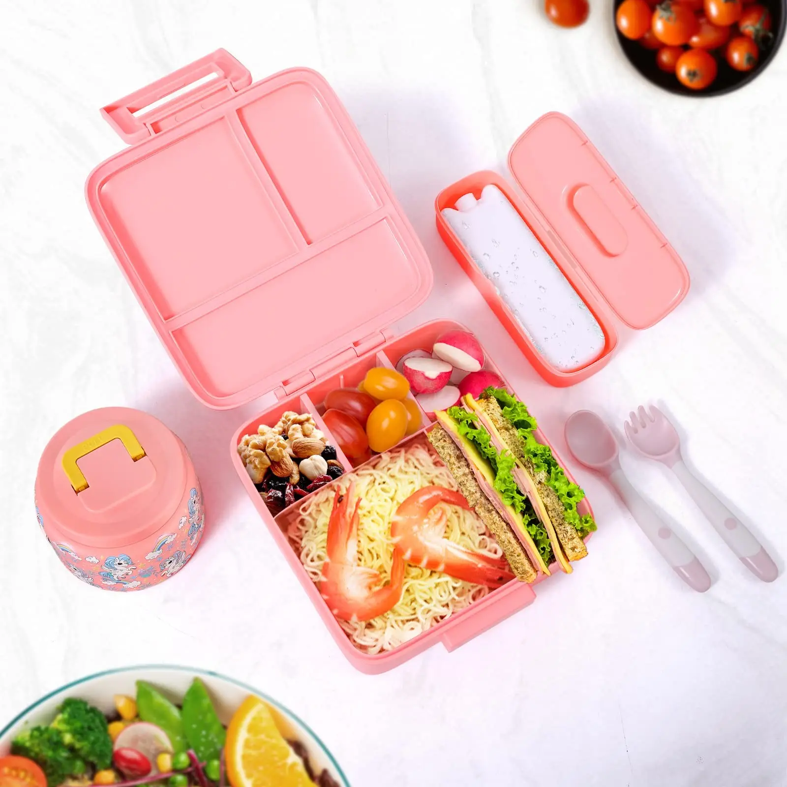 Cartoon Plastic Cute Lunch Box Set, Includes 8oz Soup Bowl, Fork Spoon, Ice Cube Tray, Insulated Bag, Perfect for School Kids