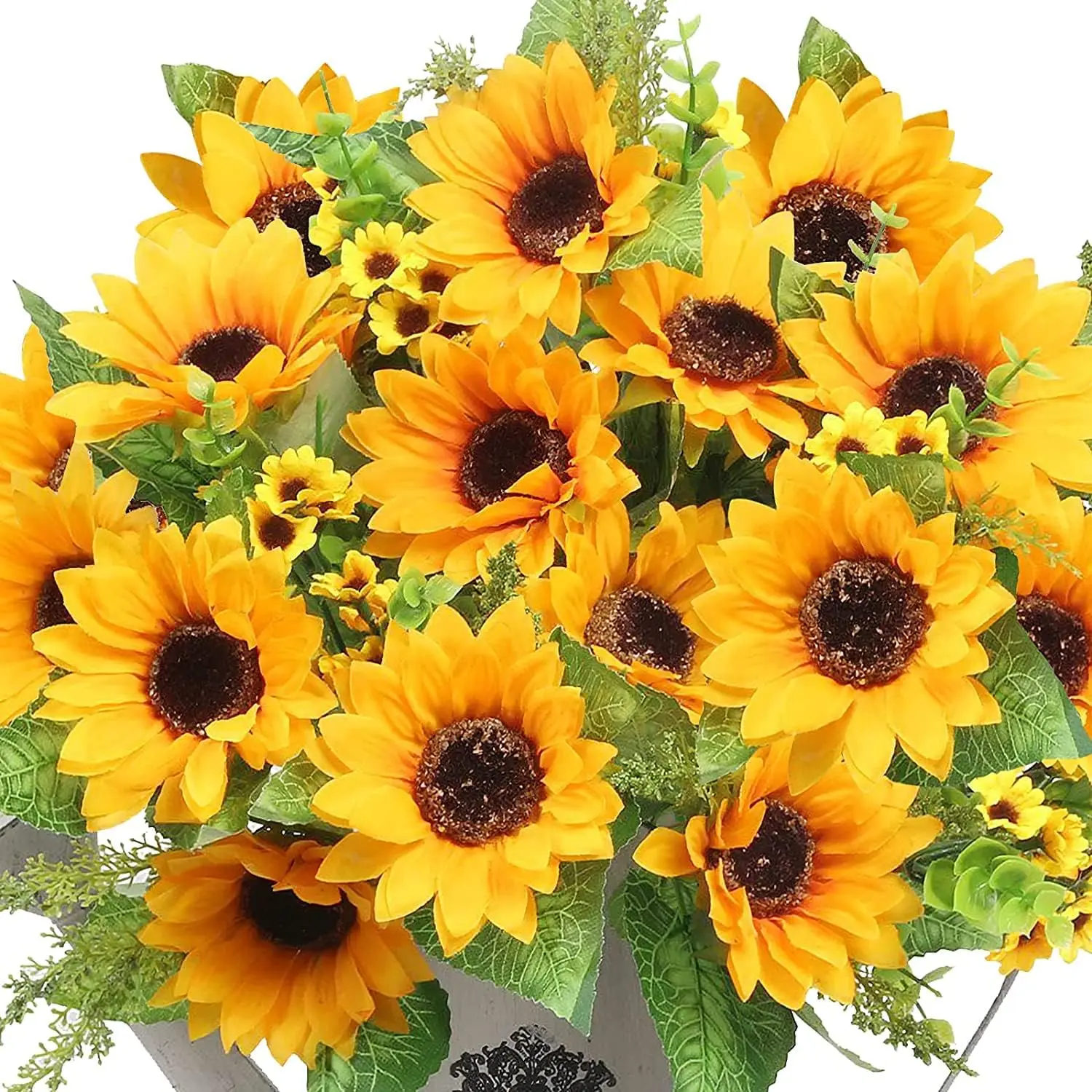 Artificial Sunflowers for Outdoors - 2 Bunches Fake Bouquets with 14 Large Blooms, UV Resistant Silk Flowers for Home Wedding Fall Decor, Centerpieces, 17.7 Inches