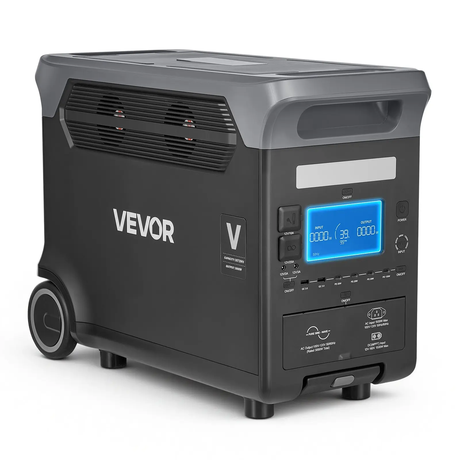 VEVOR High-Capacity Portable Power Station, 3000W Solar Generator with 3072Wh LiFePO4 Mobile Power Battery, 15 Output Ports, Rolling Smooth-Rolling Wheels & Pull Handle for Home Emergency, Outdoor Camping (Solar Panel NOT Included)