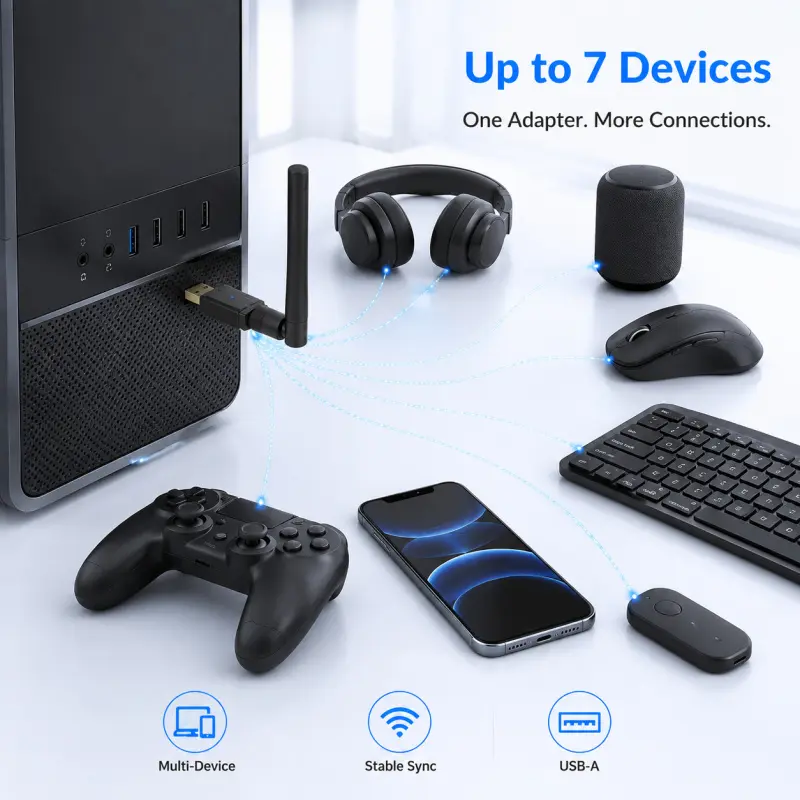 PC Bluetooth USB Dongle Bluetooth 5.4 Technology Adjustable External Antenna Multi Device Sync Support Up To 7 Bluetooth Peripherals Wireless Receiver Transmitter Wireless Multiplatform For Laptop Desktop Headphones Speakers Mice Keyboards