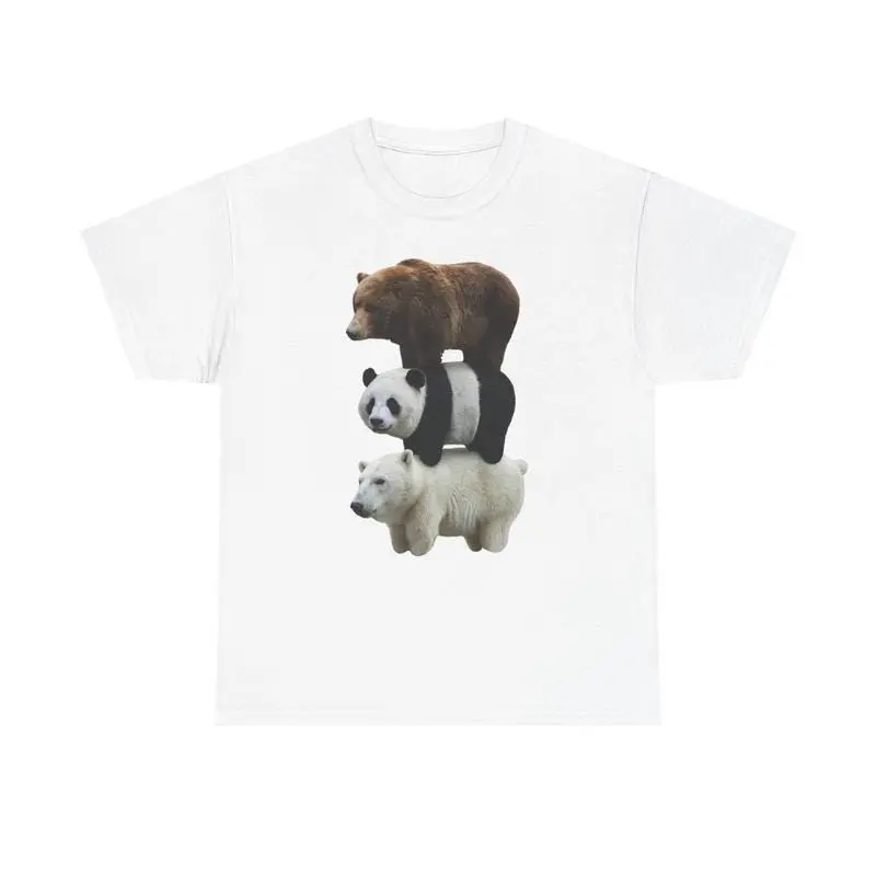 Grizzly Panda Polar Bear Stack Graphic T Shirt 100 Percent Cotton Short Sleeve Crew Neck Top Cute Animals Stacked Minimalist Aesthetic Casual Streetwear Outfit Gift for Men Women Unisex