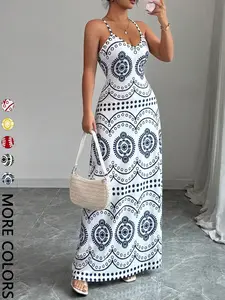 Women's Vacation Long Dress, Spaghetti-Strap Deep V-Neck Geometric Print Maxi, Elegant Casual Summer Wear for Travel and Relaxing