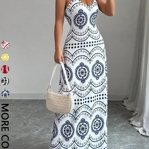 Women's Vacation Long Dress, Spaghetti-Strap Deep V-Neck Geometric Print Maxi, Elegant Casual Lightweight Summer Wear for Travel and Relaxing, Boho Summer Outfit Flowy Attire, Boho Style Clothes