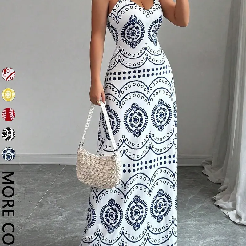 Women's Vacation Long Dress, Spaghetti-Strap Deep V-Neck Geometric Print Maxi, Elegant Casual Lightweight Summer Wear for Travel and Relaxing, Boho Summer Outfit Flowy Attire, Boho Style Clothes
