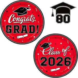 2026 Graduation Party Red Disposable Paper Plates Dinnerware Supplies, Serve 80, Perfect for Congrats Grad Party Decorations