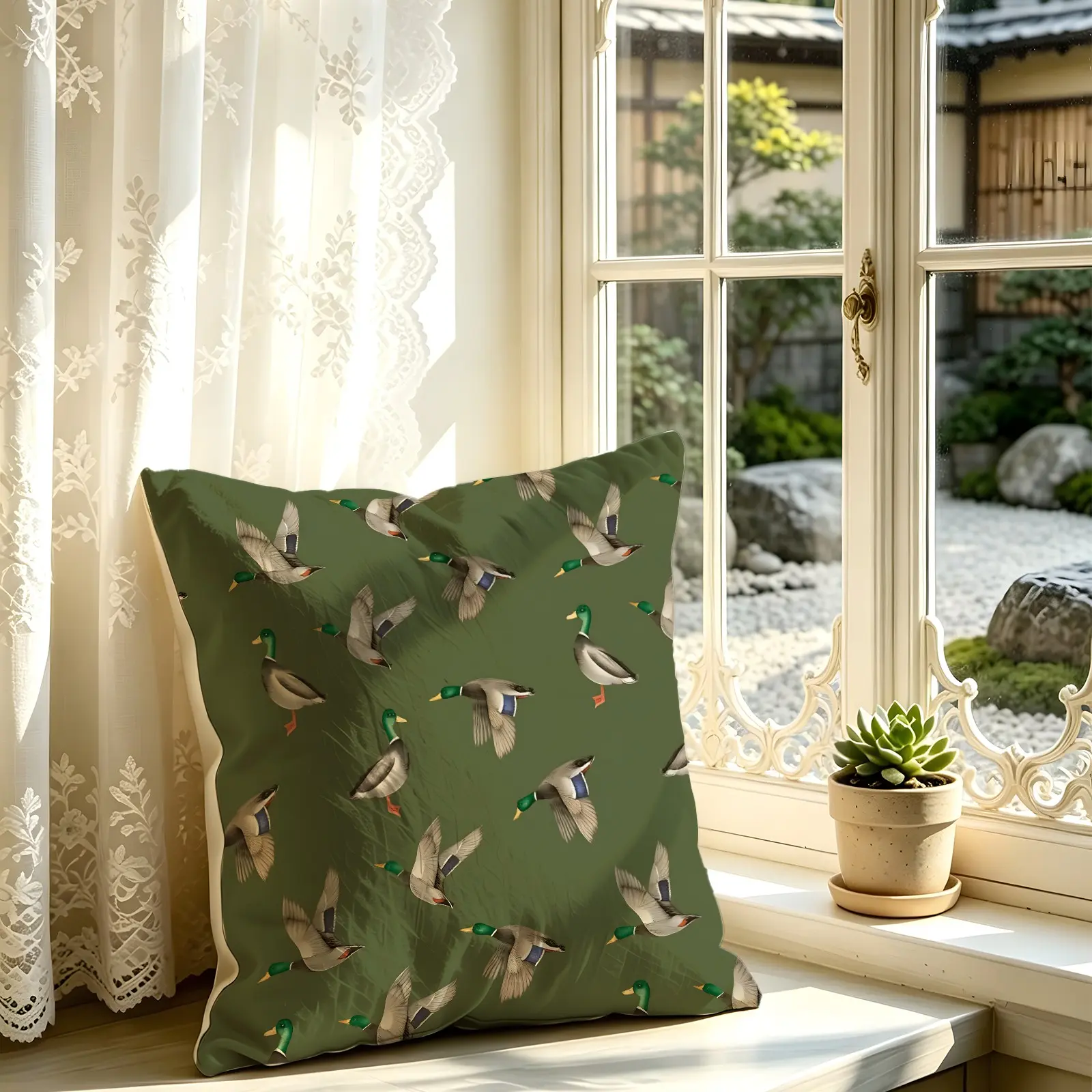 Duck Digital Printed Throw Pillow, Polyester Fiber Cushion, Soft Decorative Cushion Includes Pillow Core, Fade-Proof Wildlife Hunting Pattern, Farmhouse Cabin Home Decor for Sofa, Breathable Easy Clean Square Decor Pillow