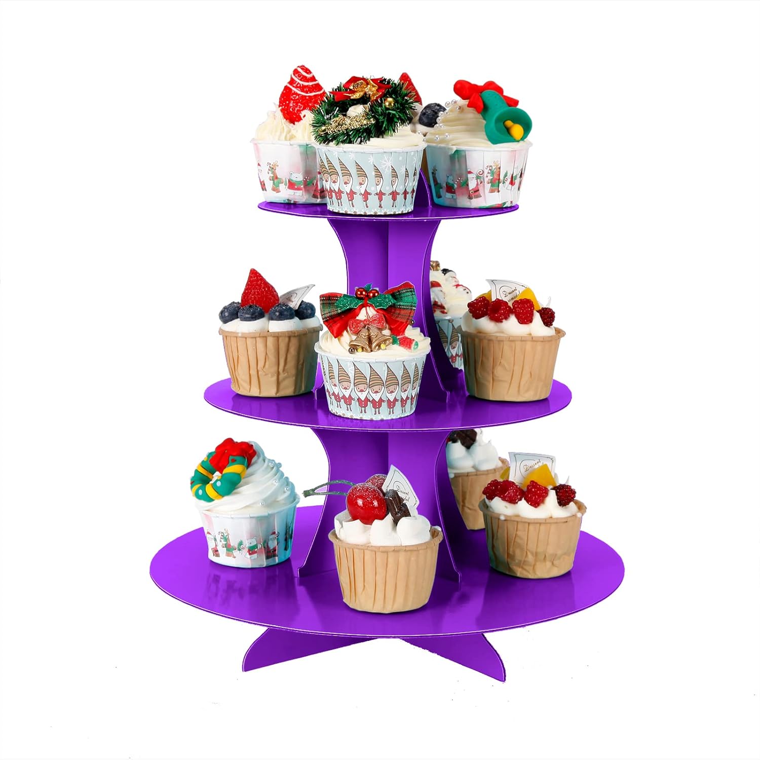 2 count 3-Tier Cupcake Stand, Cake Stand holder, Tiered DIY Cupcake Stand Tower for Dessert Table Displays, Birthday Theme Party Favors Decoration, Floral  Party, 12" W x 12.8" H, Purple