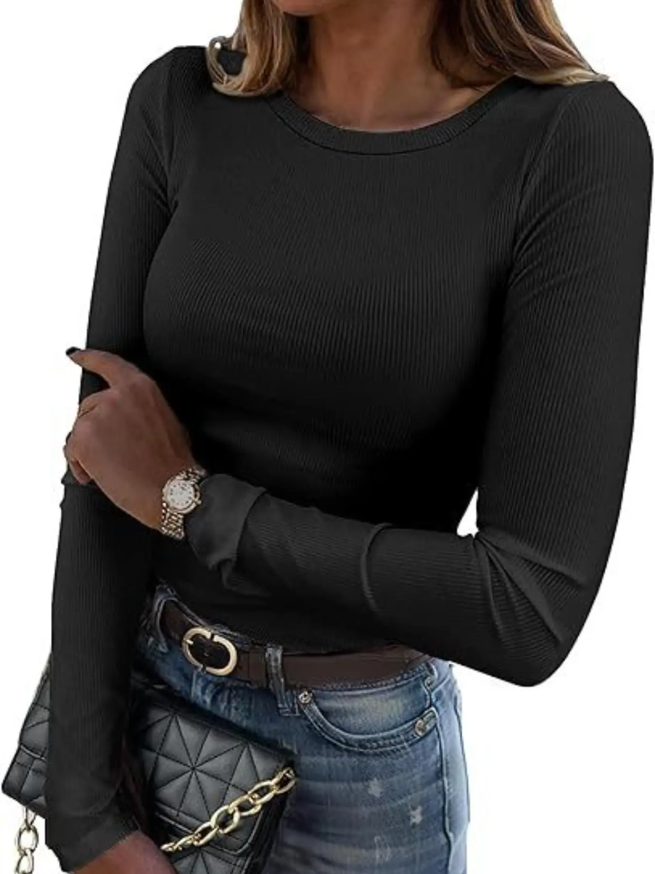 Women Long Sleeve Shirts, Rib Knit Slim Fit Tops, Basic Tee for Spring, Casual T-Shirt, Underscrubs, Layer Clothes, Casual Minimalist Top