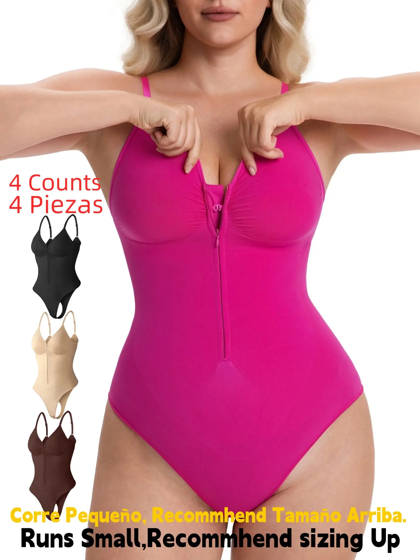 Women's Seamless Shapewear Bodysuit Underwear, Front Zipper Design, Tummy Control Thong Style, Curve Hugging Compression, All Seasons Wearable, Comfortable Fit