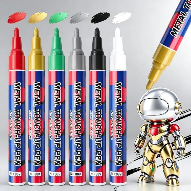 Metal Touch Up Paint Marker Pen, 6 Colors Metallic Paint Pens for Mecha Model Coloring, Car Scratch Repair, Metal Surface Touch Up, DIY Rock Painting, Ceramic Electronic Parts Restoration Waterproof Quick Dry Art Marker