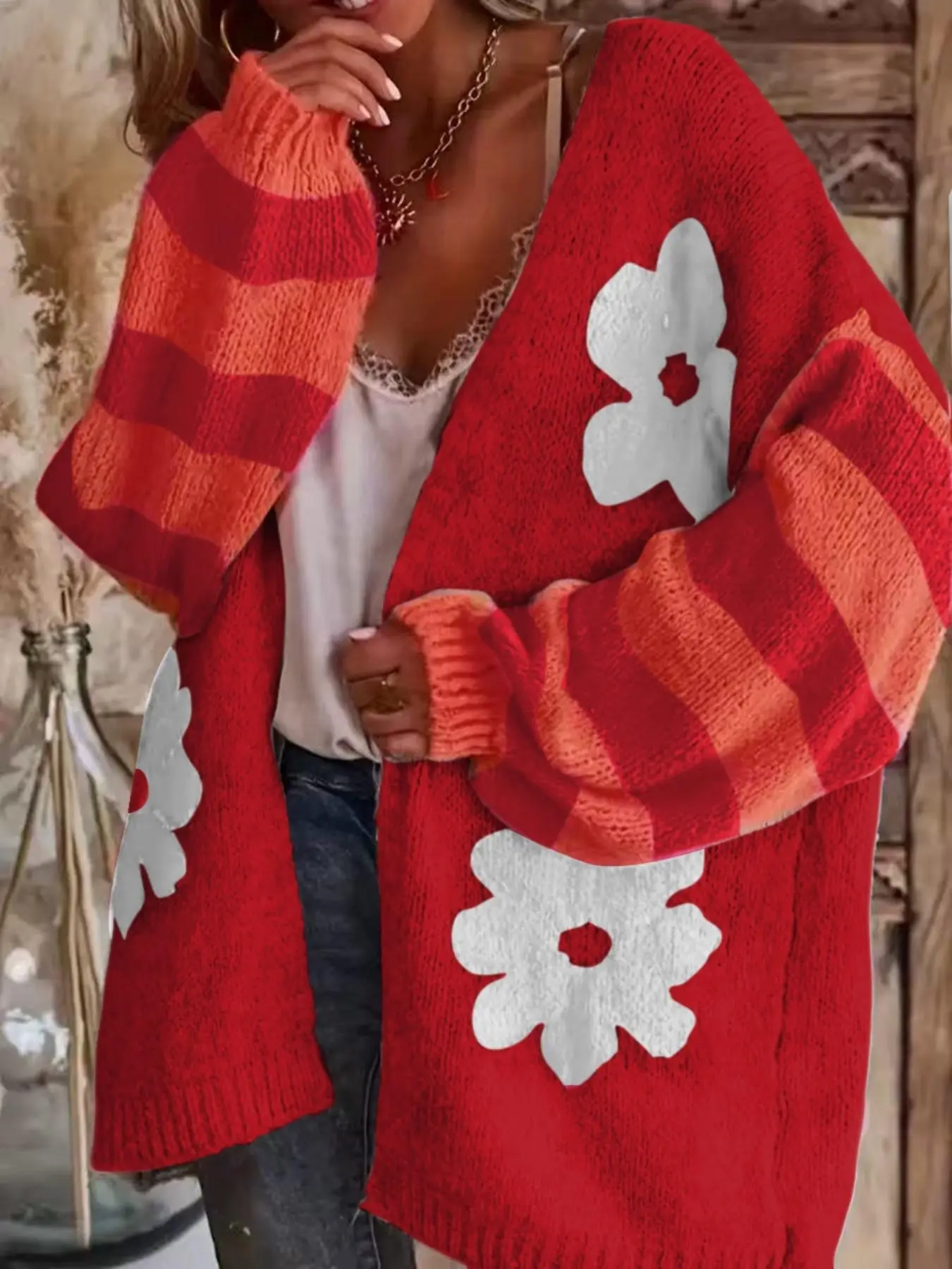 Elegant Floral Knit Cardigan for Plus Size Women, V-Neck Long Sleeve, Colorblock Design, Pattern, Perfect Gift Idea, Knitwear