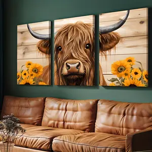 2D Flat, 3-piece framed wooden canvas, 3-piece Highland Cow wall art animal poster, framed natural print, large cow art canvas artwork suitable for living room and bedroom wall decoration, 40* 60cm /15.75* 23.62inch , 2D flat, farmhouse decor, high-qualit