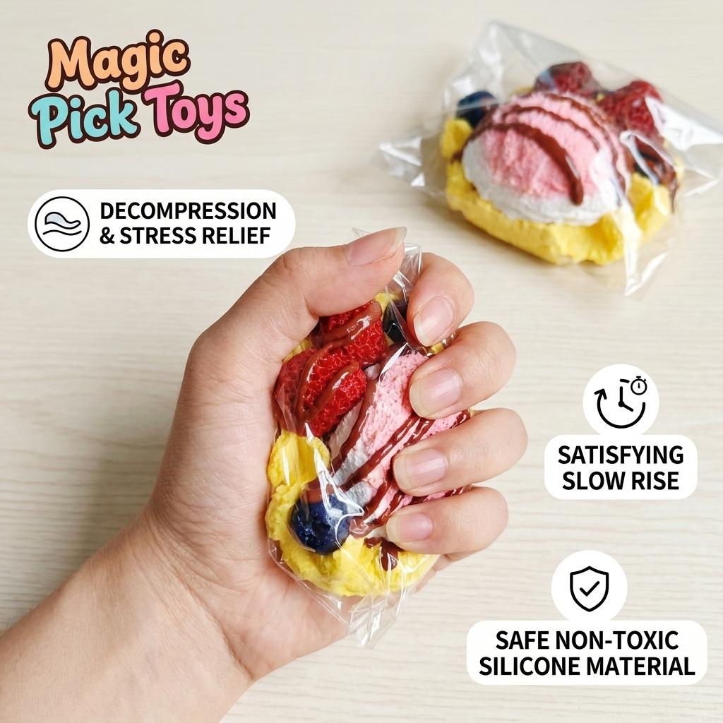 Final Sale | Ice Cream Fruit Waffle Squishy- Food-Grade Silicone Slow-Rising Rebound Squishy Fidget Toys for Stress Relief - Soft Squeeze Toys with Thick Creamy Slime Texture, Handmade Non-Toxic Sensory Toys