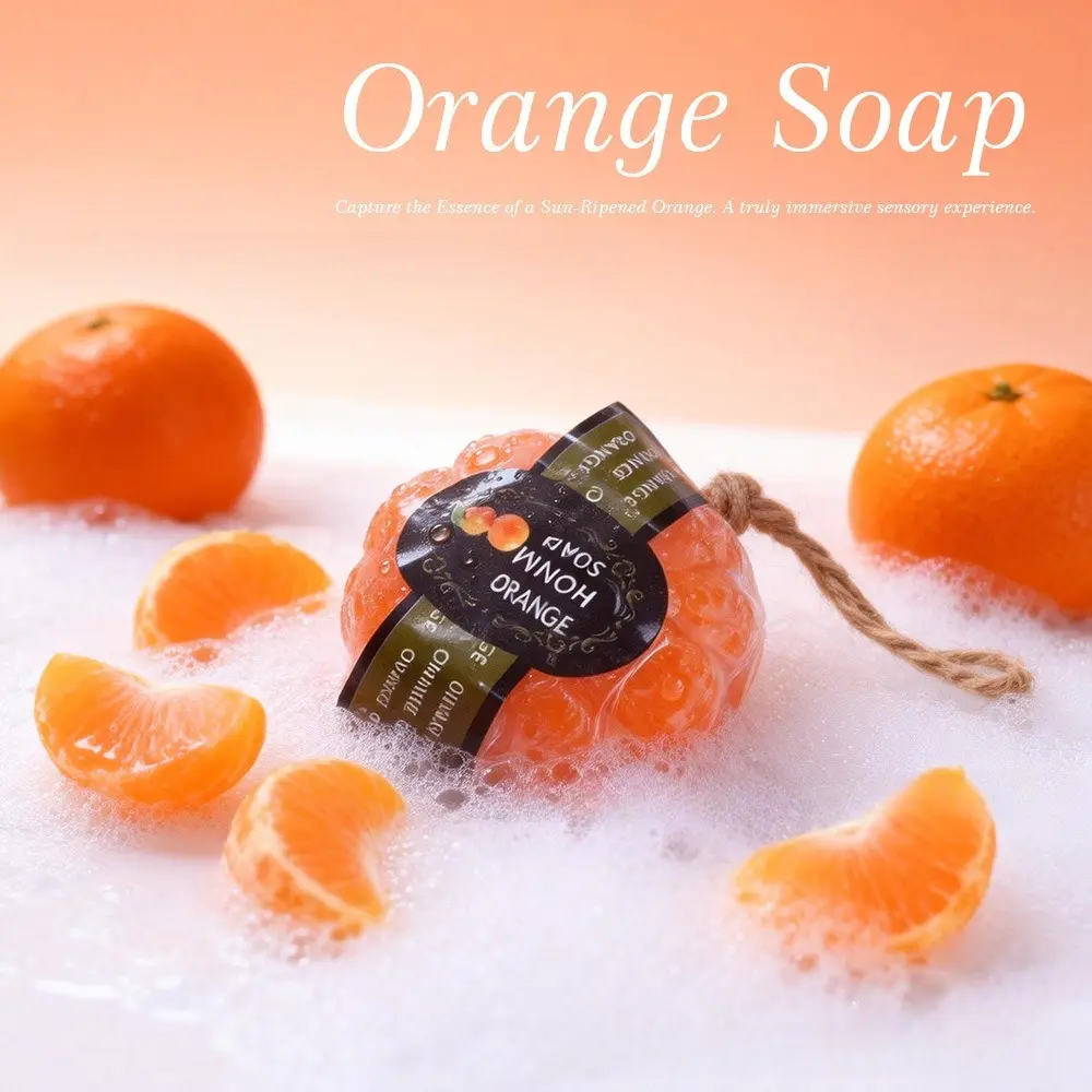 Family-friendly orange & green grape handmade oil soap with mild natural fruit formula. Rich foam washes dirt for face, shower and hand wash, non-drying with lasting sweet scent, compact daily cleansing bar for home and outdoor travel.