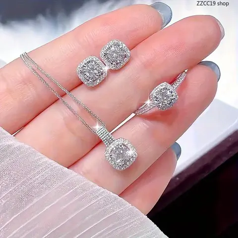 Women's 3-Piece Halo Costume Necklace Set - Silver-Plated Premium Cushion Cut Cubic Zirconia, Earrings, Ring - Sparkle Bling Bridal Gift for Evening Gowns, Sports & Outdoor Accessorizing