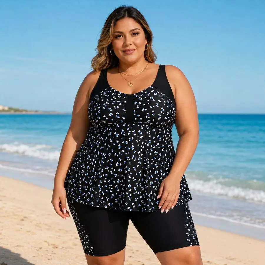 Women's Plus Size 2-Piece Tankini Bathing Suit Set - Printed Tankini Top, Biker Shorts, Modest Swimwear for Summer Pool & Vacation, 2 Piece Sets, Swimsuits, Plus Size Swimsuits, Women's Swimsuits