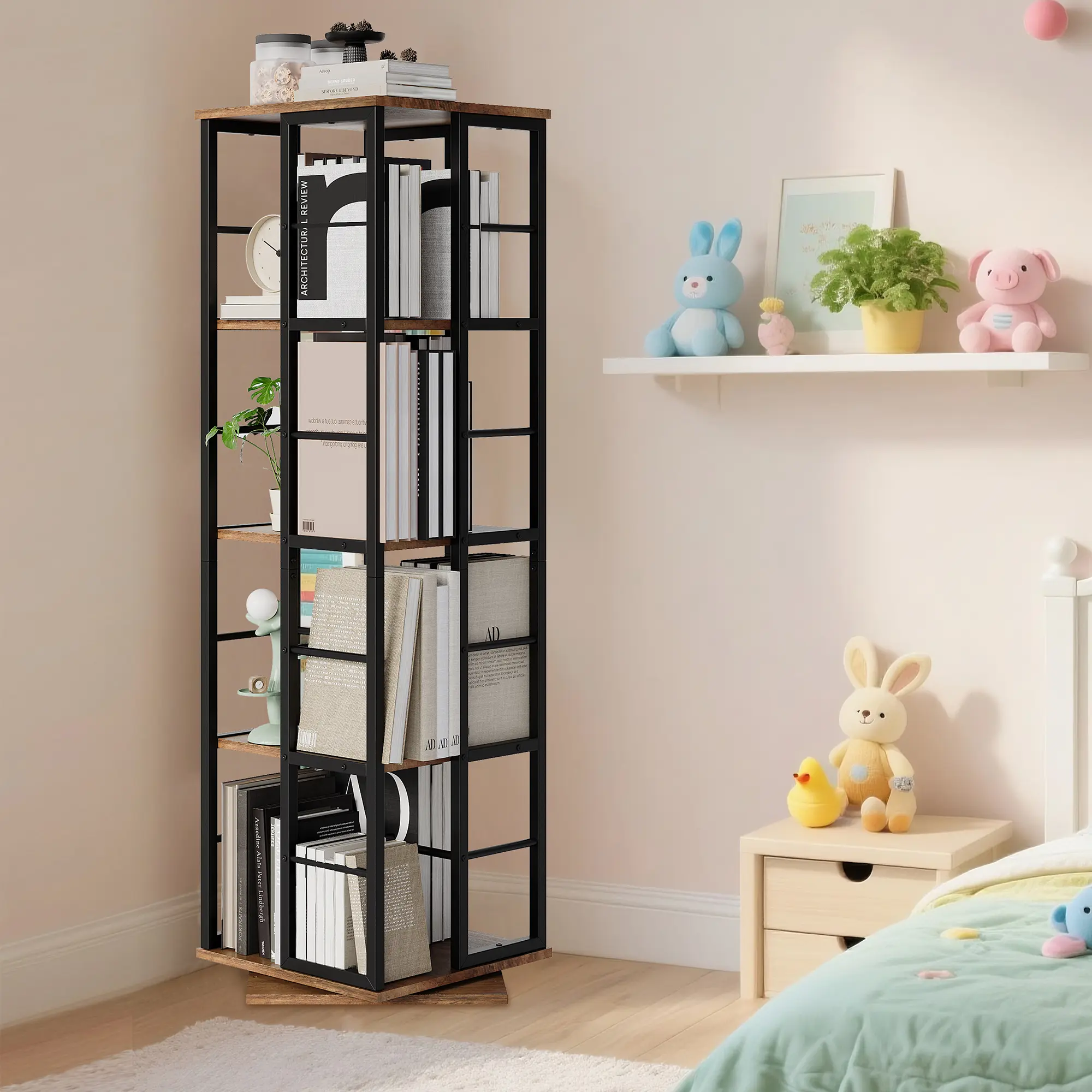 【GARVEE】4-Tier 360° Rotating Bookshelf Tower with Metal Frame, Freestanding Spinning 15.75'' L x 15.75'' W x 53.94'' H Storage Rack with Guard Rails for Living Room, Bedroom - summergarden