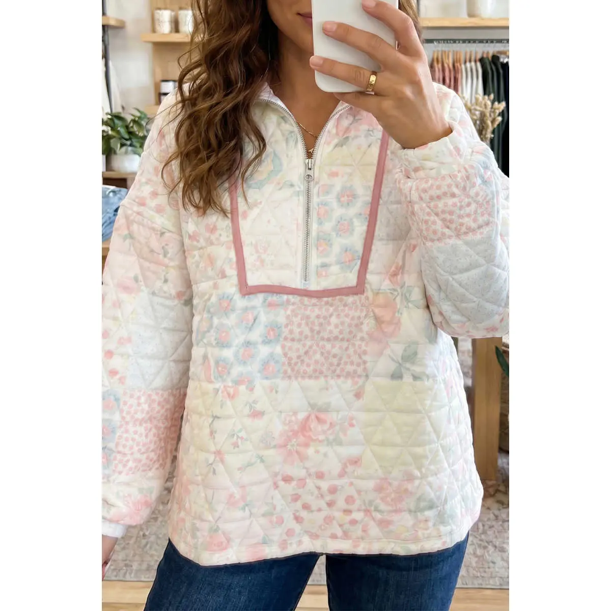 Women's Elegant Floral Quilted Knitwear Sweatshirt - Quarter-Zip Collar, Long Sleeve Pullover Top, Color-Block Knit Fabric Zipper Style Casual Shirt for Daily Wear
