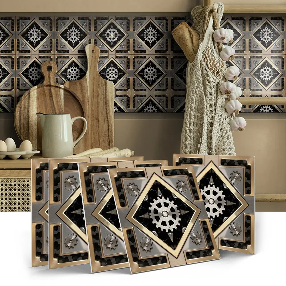 12/24Pcs Pack Steampunk Gear Embossed Ceramic Tiles, Industrial 2D Relief Decorative Tiles with Black & Gold Metallic Pattern, Wall Tiles for Kitchen Backsplash, Bar, Fireplace