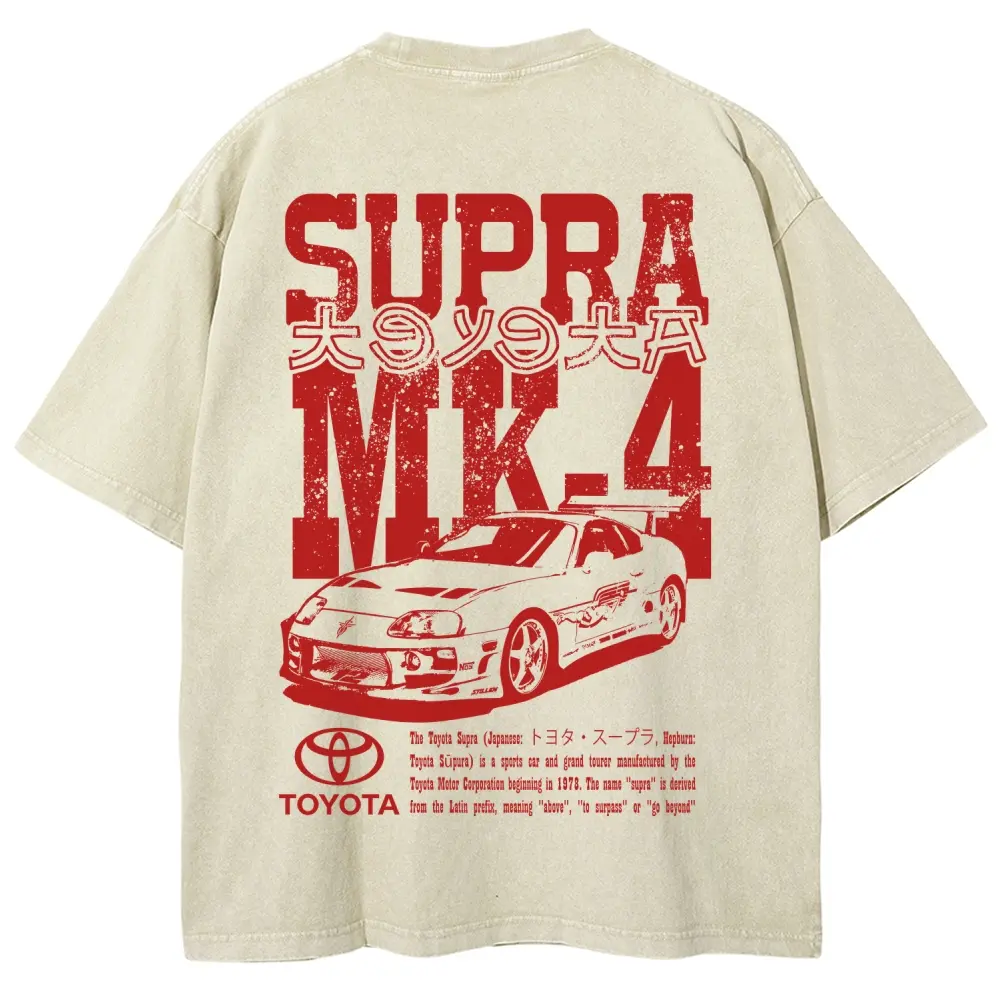 Men's Vintage Washed Sand Supra MK4 JDM Graphic Cotton T-Shirt - Heavyweight, Oversized, Short-Sleeve, Casual Menswear Tops, Unisex Racing Car Streetwear Tee, Shortsleeve,clothes for back to school,first day of school outfits