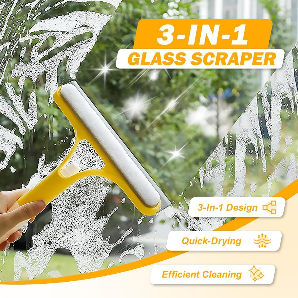 3 in 1 Window Cleaning Scraper, 2025 New Squeegee for Shower Glass, 3 in 1 Spray Function for Glass Doors for Windows Glass, Mirrors Scraper, Brush. All-Purpose Window Cleaner Tool Hands-Free Flat Floor Mop Bucket Set Suction Cup Sponge Holder for Kitchen