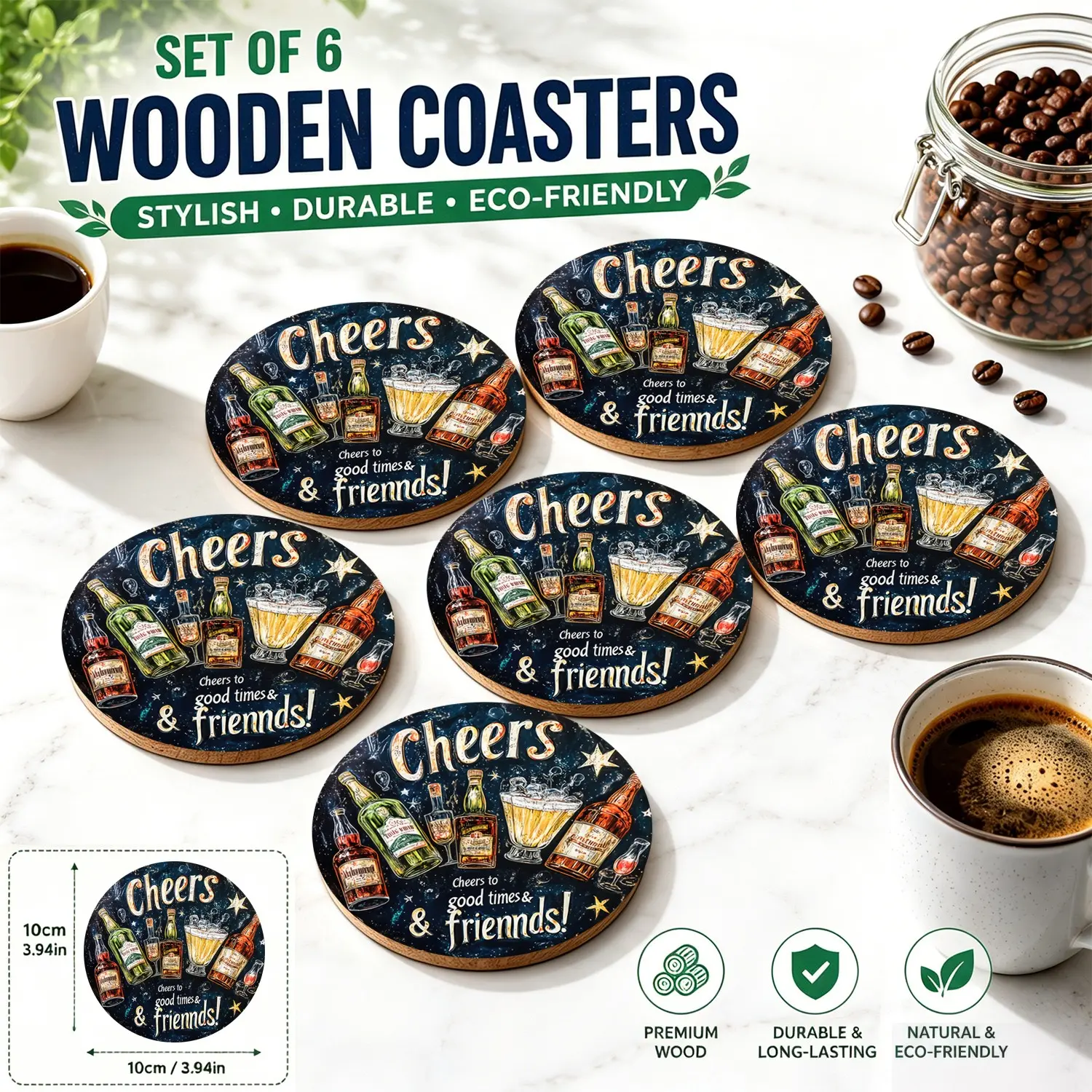 🏠 6PCS Home Bar Coasters | Wooden Cheers Design with Beer Wine Whiskey Glass Bottles | "Good Times & Friends" Party Decor | Heat Resistant Table Protector | Man Cave Garage Gift Set