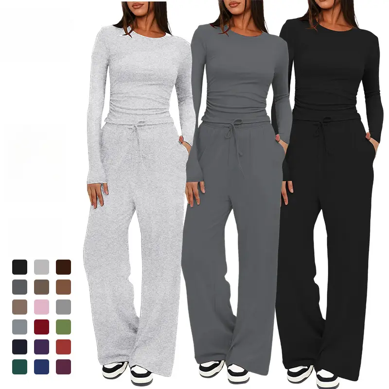 Women Solid Color Long Sleeve Casual Set, Minimalist Long Sleeve Top & High Waist Wide Leg Pants 2-Piece Outfit, Loose Tracksuit