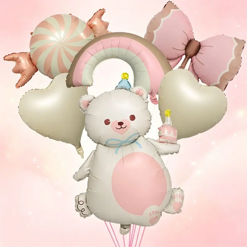A set of Korean Style Cake Bear Balloon Set,including magic cake bear balloon, heart，bow foil balloons. Suitable for girls' birthday party, bestie themed gatherings, baby girl clothing store grand openings, dessert shop backdrop decor，anniversary celebrat
